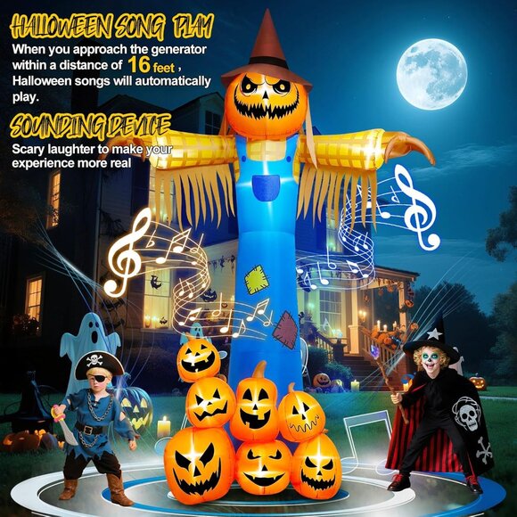 ⚡Halloween Inflatables with Music, Kalolary Giant Pumpkin Scarecrow Inflatable - Picture 5 of 7